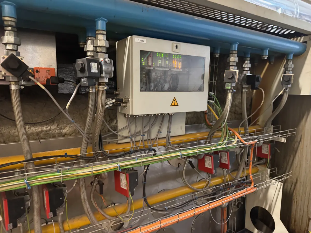 Row of burner gas trains and controls on a tunnel oven, Ilkeston