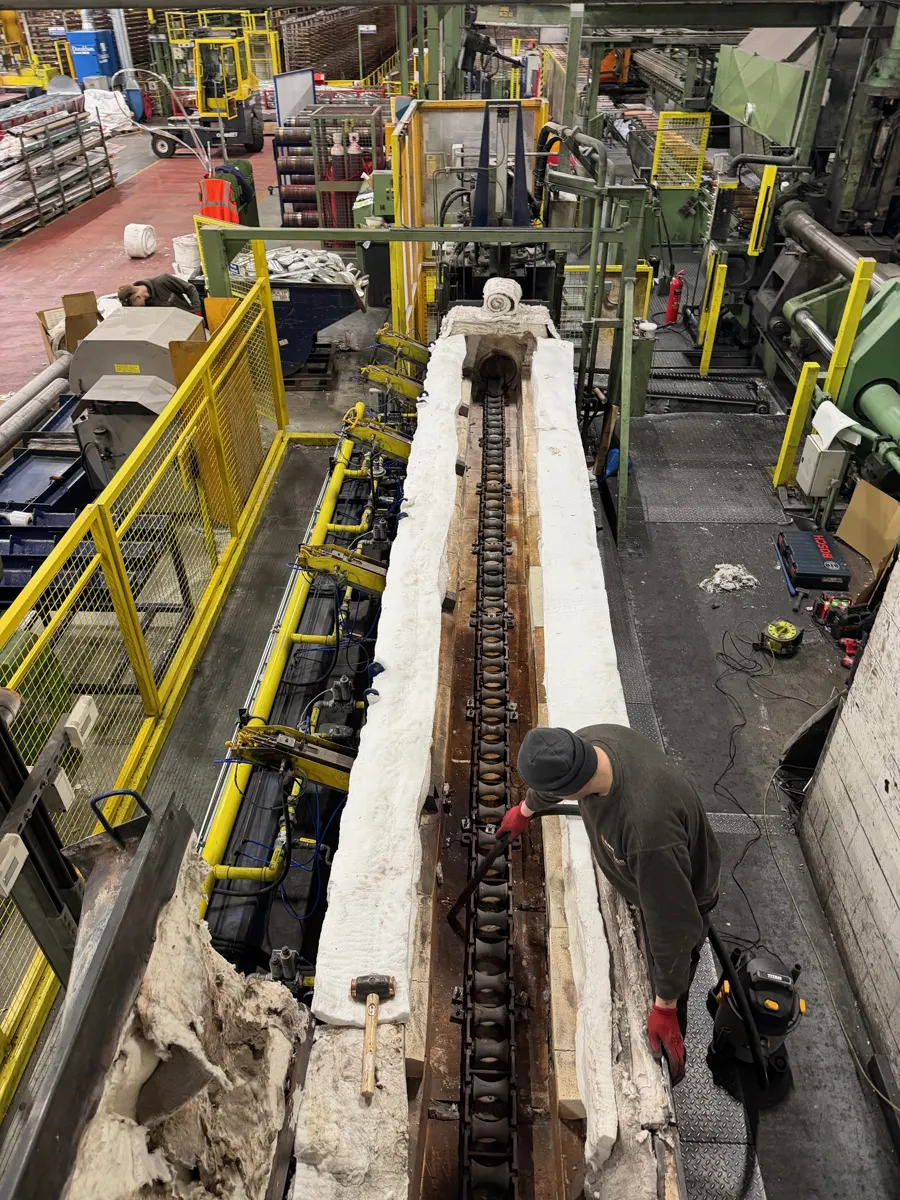 Refractory-lined furnace channel opened up during a shutdown in Shepshed