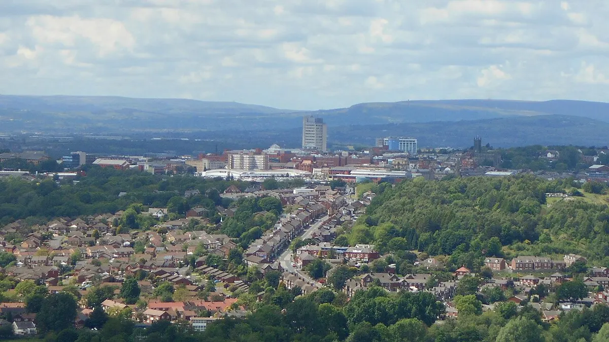 Oldham town centre closeup from Hartshead Pike