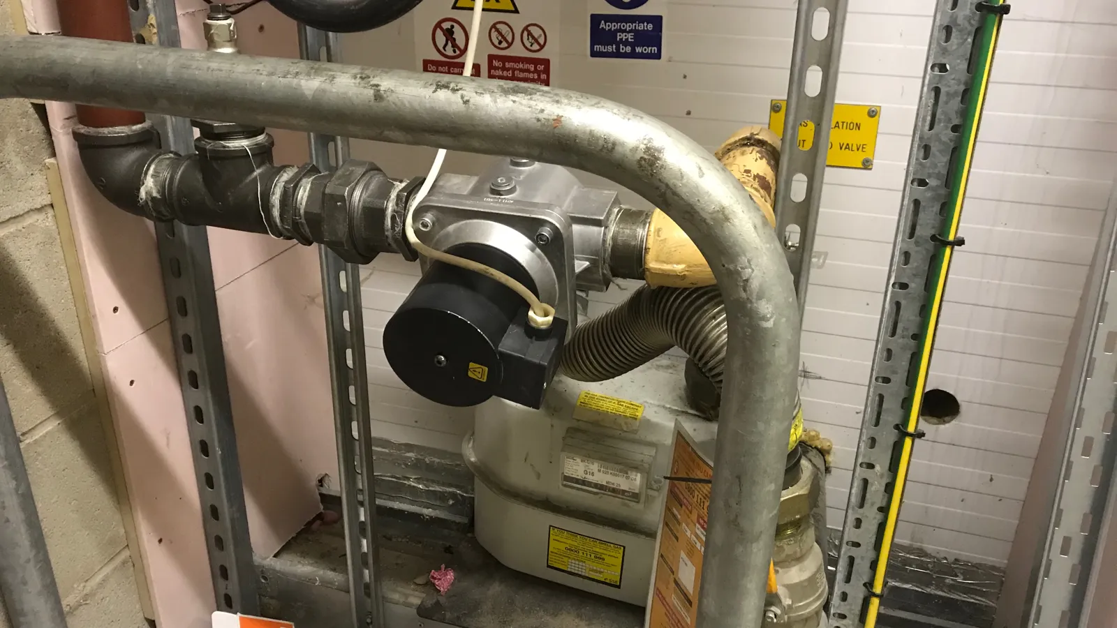 Industrial gas pipework and meter at Matrix Park, Leyland